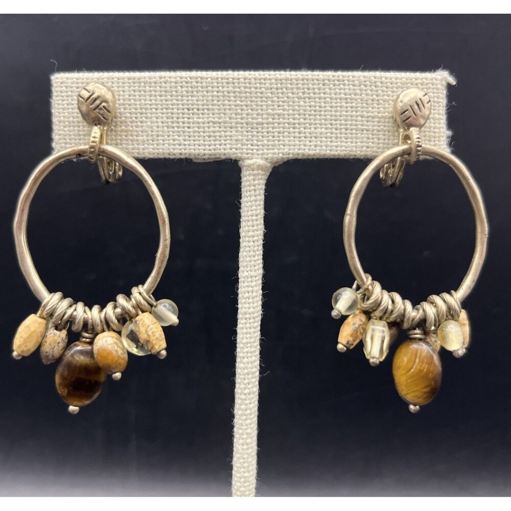 Boho Gemstone Drop Dangle Clip On Earrings Gold Tone Tigers Eye Statement Stone
